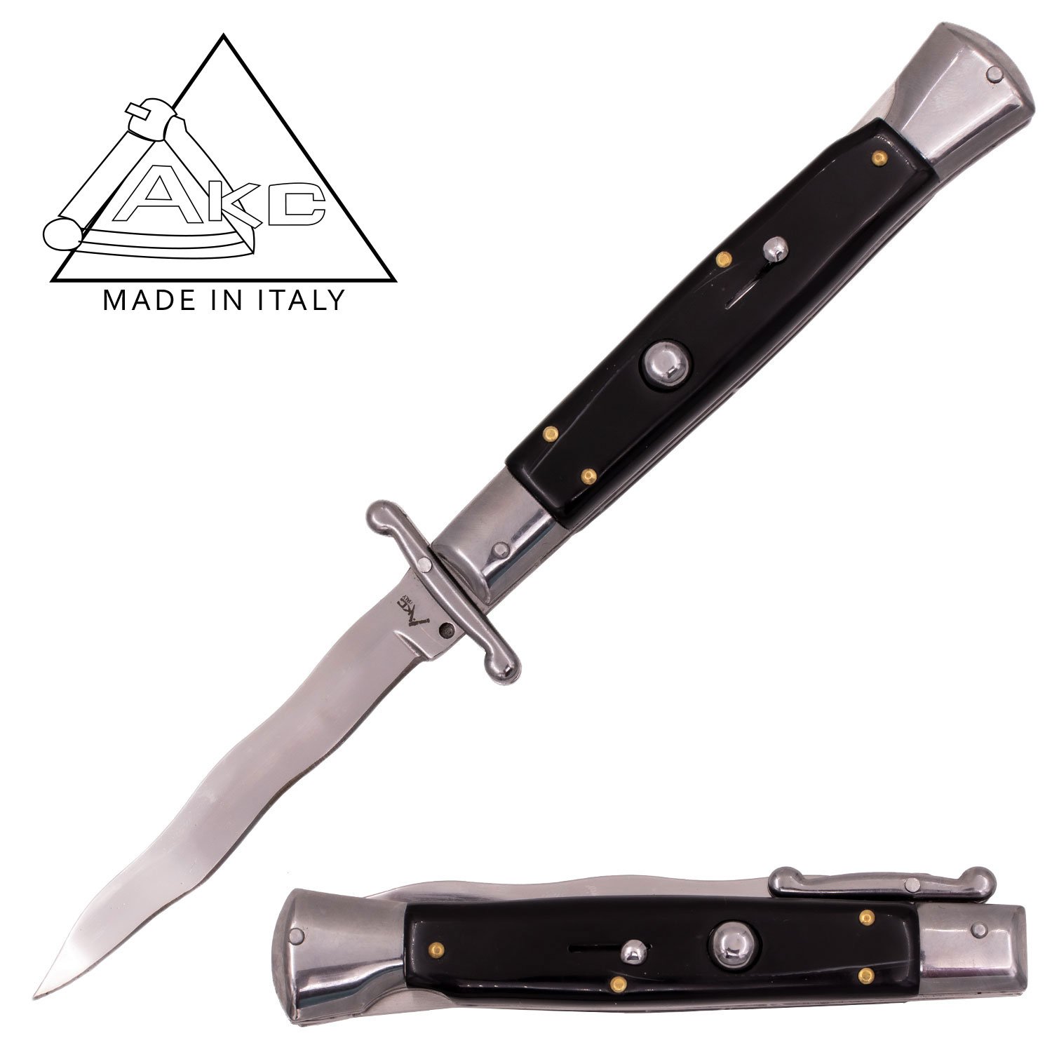 AKC 9.60 Inch Automatic Italiano Knife with Guard Kriss (Black and White Pearl)