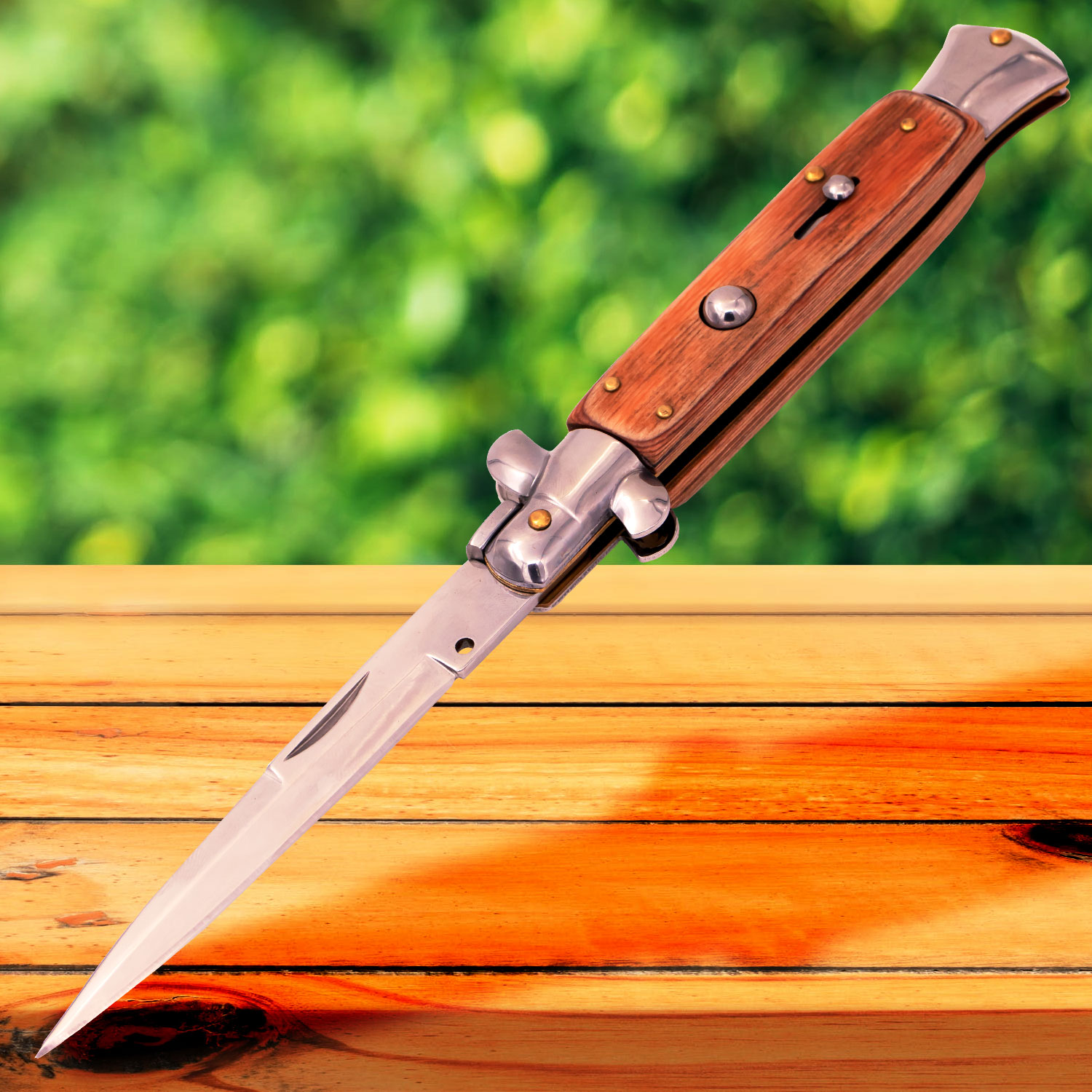 Automatic American Buckskin Stiletto Knife Wood Handle
