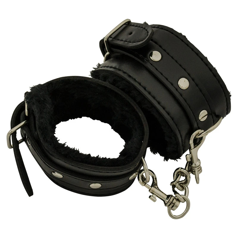 Black leather handcuffs with fuzzy interior