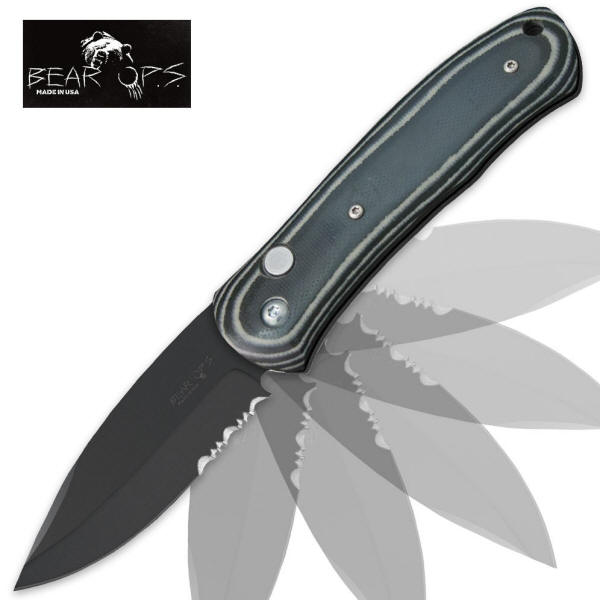 Bear Auto Knife, Drop Point, Black Titanium, Serrated, X-BE33003-01