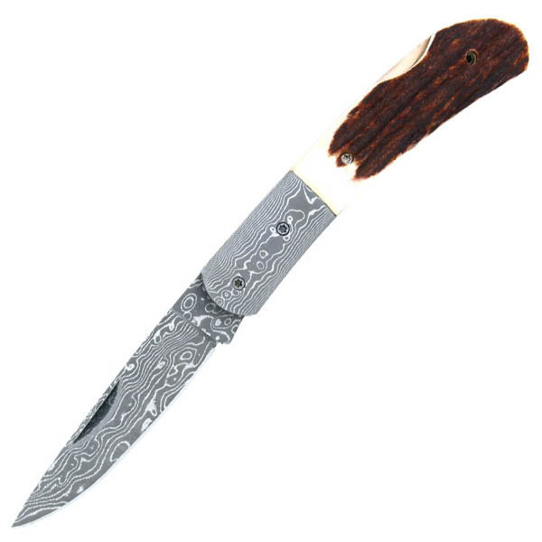 Mastiff Folder, Stag Horn Handle, Damascus Blade, Plain MF+KJ-001SH