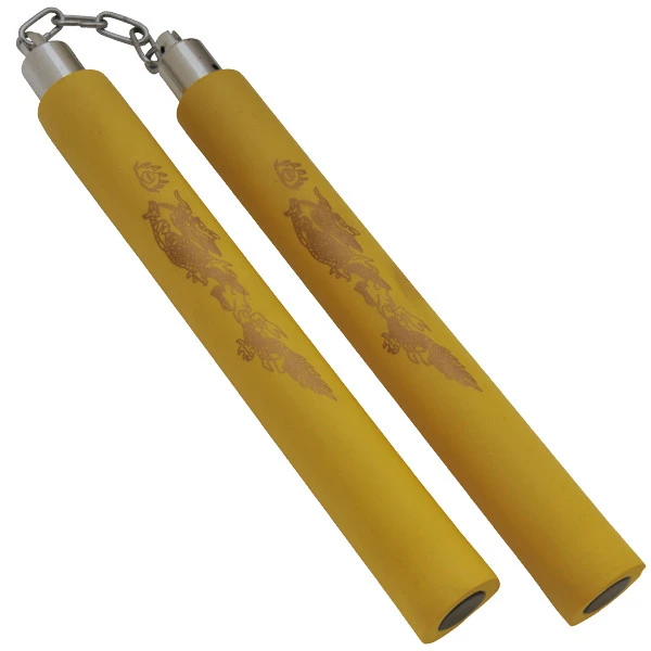 Foam Practice Nunchucks Yellow - Gold Dragon Design With Chain