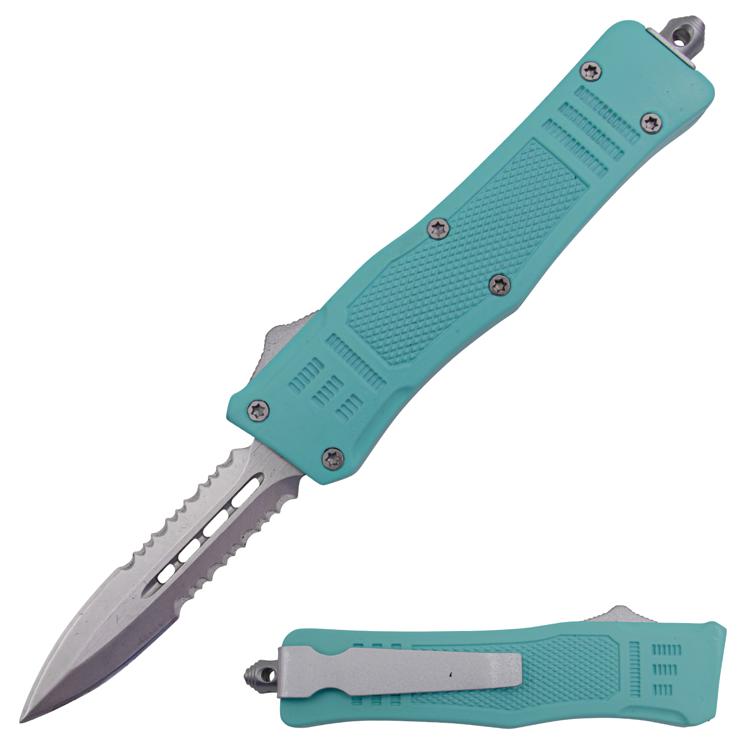 Covert OPS USA OTF Automatic Knife 7 Inch Overall Double Serrated Teal