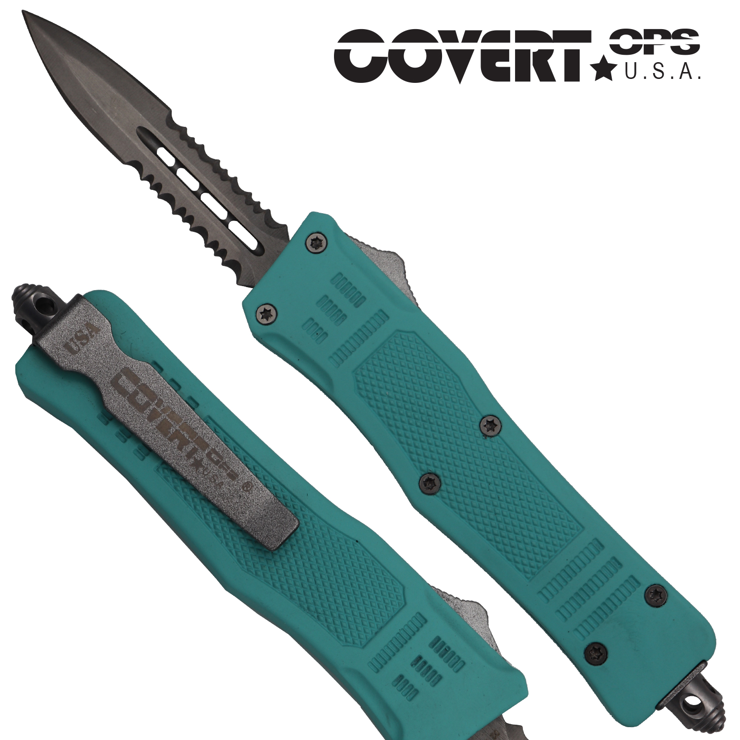 Covert OPS USA OTF Automatic Knife 7 inch overall Tiffany Blue Handle Silver Double Edge D2 Steel Blade