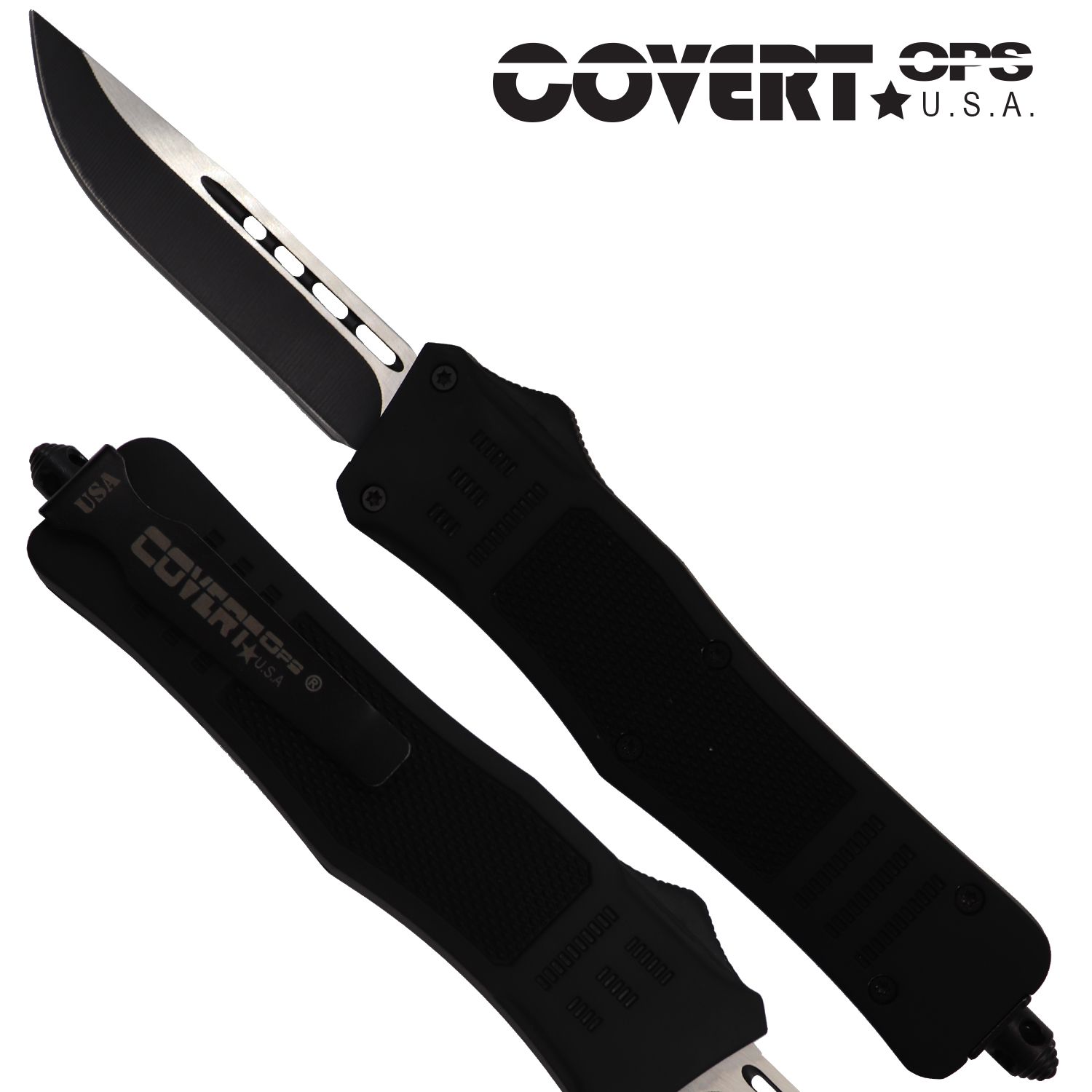 Covert OPS USA OTF Automatic Knife 8 inch overall Black Handle Two Tone Drop Point D2 Steel Blade