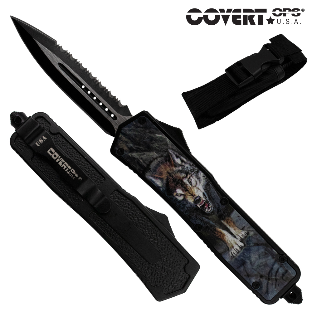 Covert OPS USA OTF Automatic Knife 8.75 Inch Overall Wolf Handle Double Edge Serrated