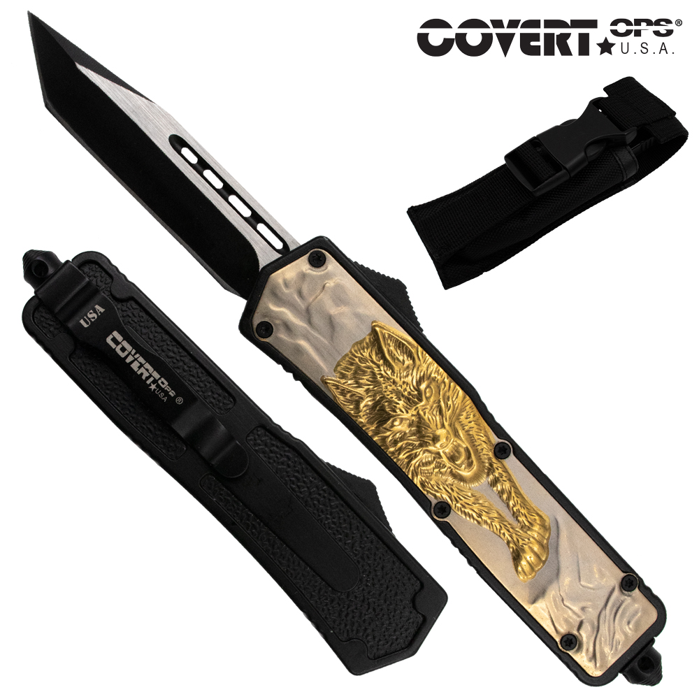 Covert OPS USA OTF Automatic Knife 8.75 Inch Overall Wolf Handle Gold Two Toned Tanto