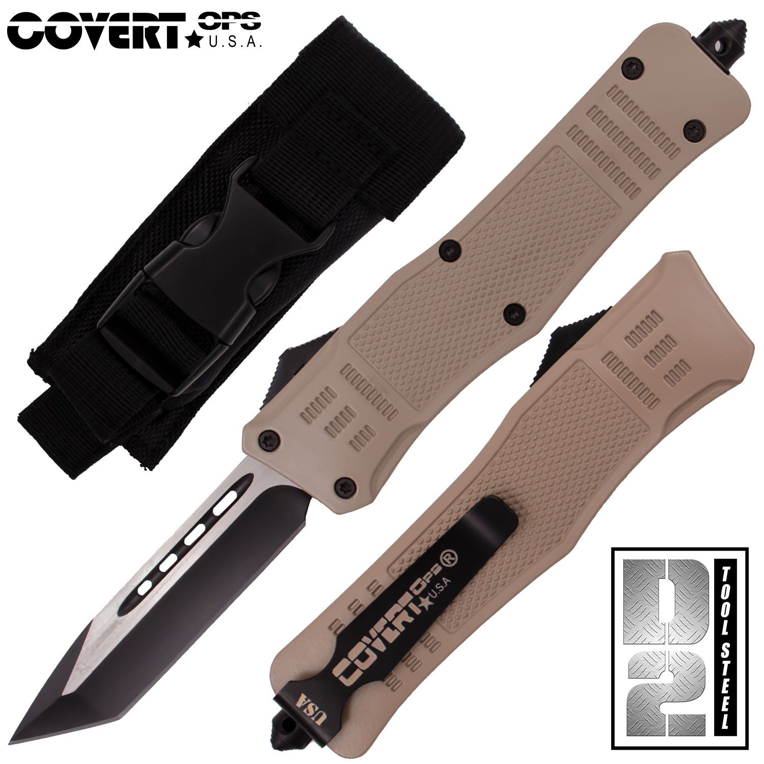 Covert OPS USA OTF Automatic Knife 9 inch Beige D2 Steel Blade Tanto