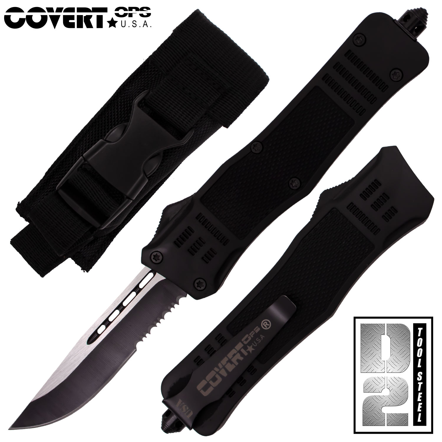 Covert OPS USA OTF Automatic Knife 9 inch Black DP D2 Steel Blade HSerr