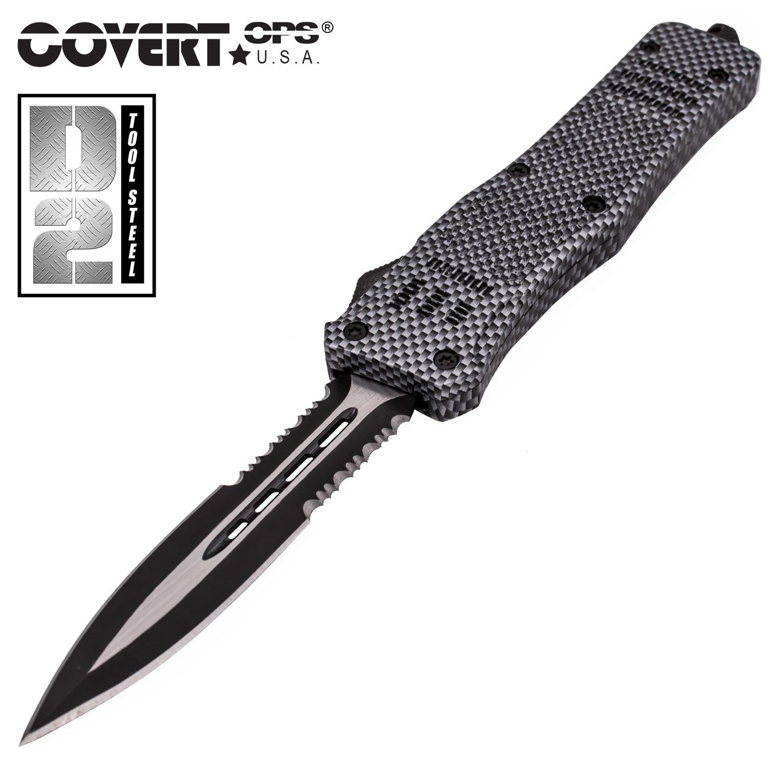 Covert OPS USA OTF Automatic Knife 9 inch CF D2 Steel Blade DEdge