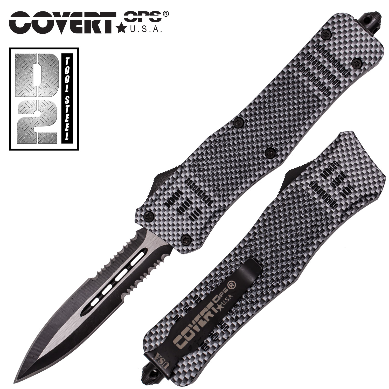 Covert OPS USA OTF Automatic Knife 9 inch CF D2 Steel Blade DEdge