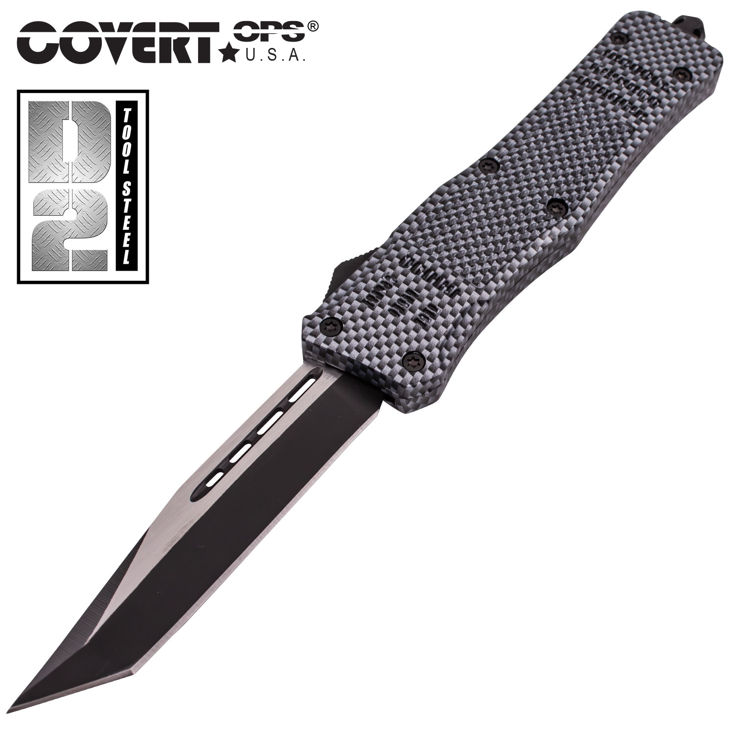 Covert OPS USA OTF Automatic Knife 9 inch CF D2 Steel Blade Tanto