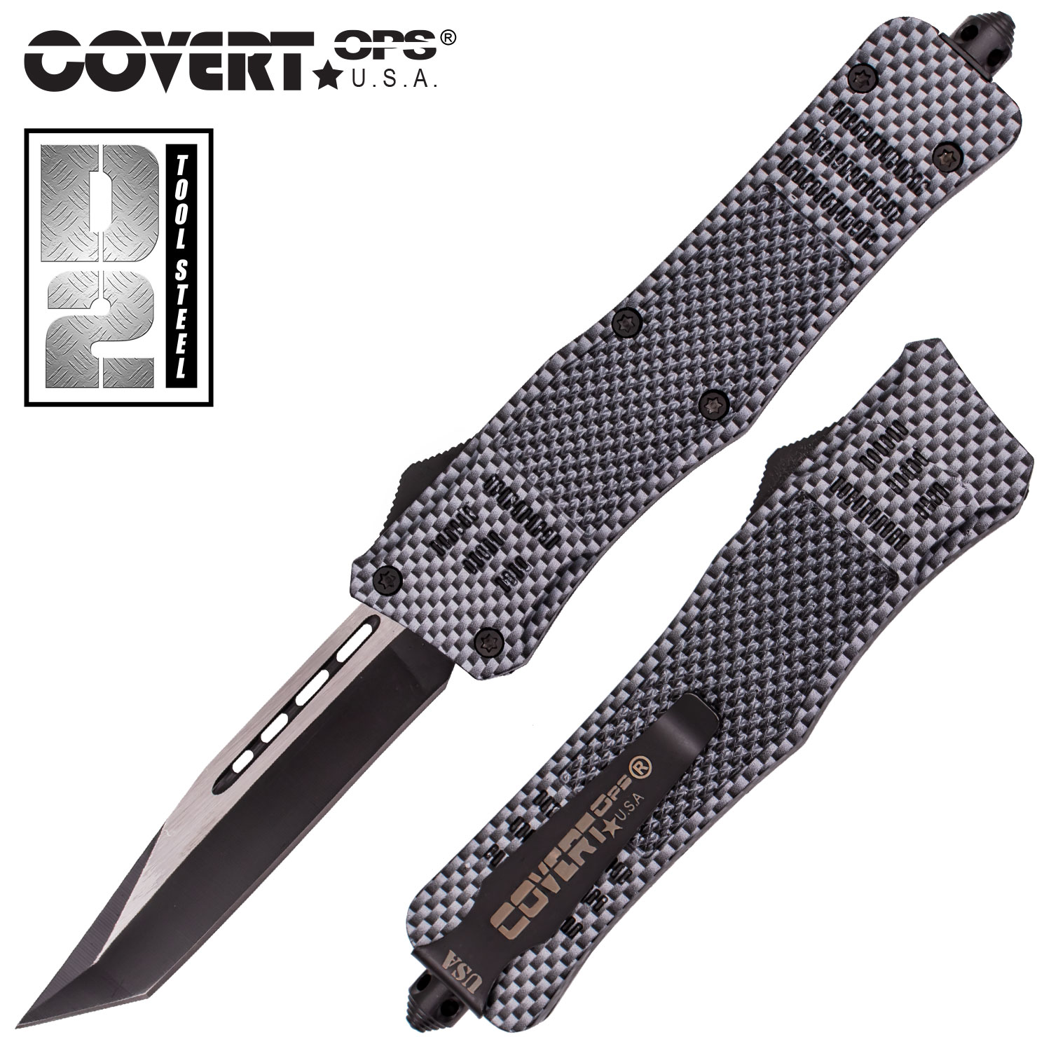 Covert OPS USA OTF Automatic Knife 9 inch CF D2 Steel Blade Tanto