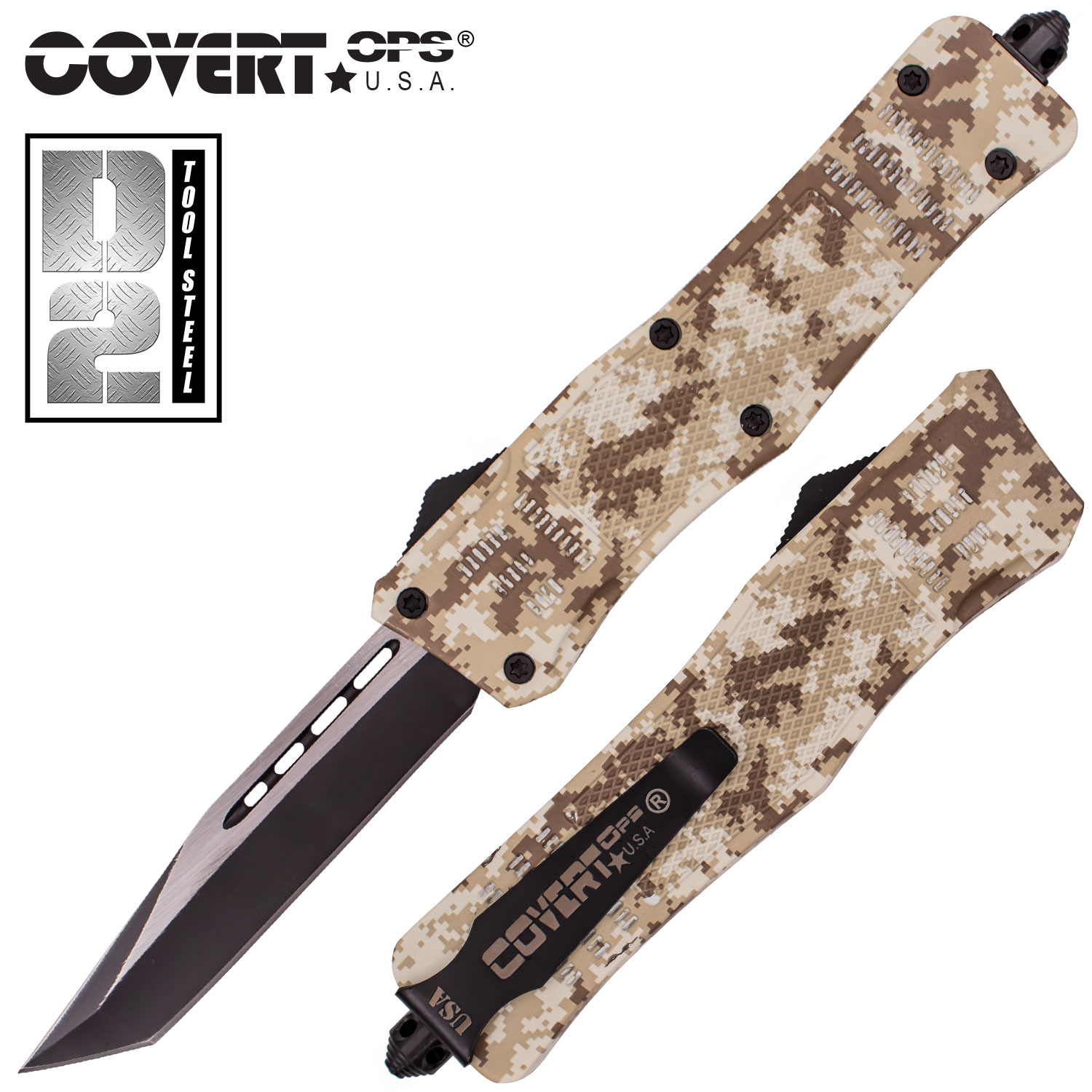 Covert OPS USA OTF Automatic Knife 9 inch DCamo D2 Steel Blade Tanto