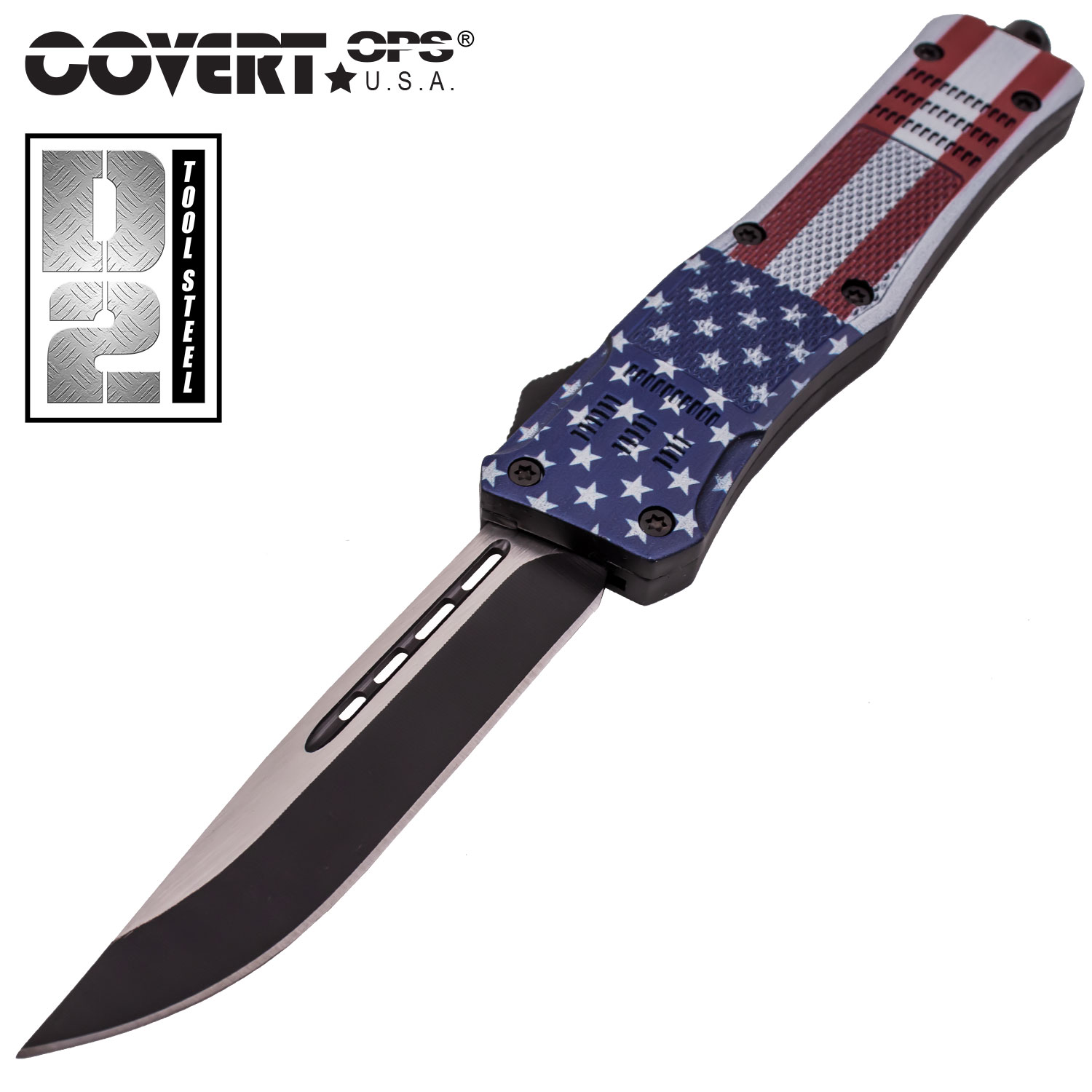Covert OPS USA OTF Automatic Knife 9 inch Flag D2 Steel Blade DP