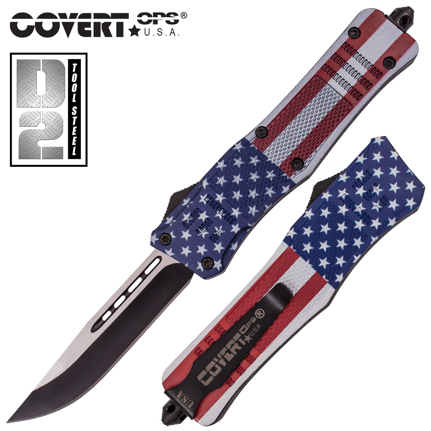 Covert OPS USA OTF Automatic Knife 9 inch Flag D2 Steel Blade DP