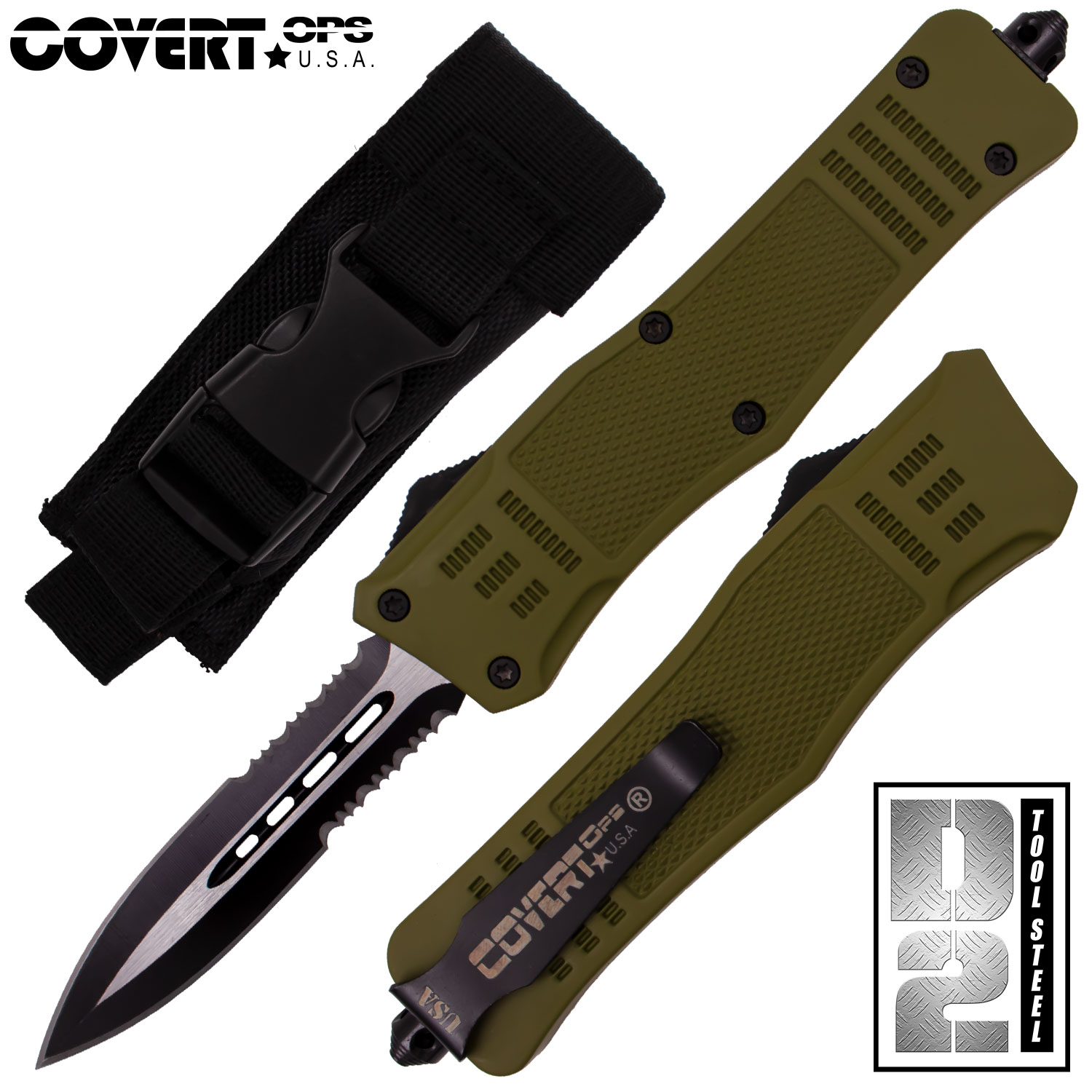 Covert OPS USA OTF Automatic Knife 9 inch Green D2 Steel Blade DEdge