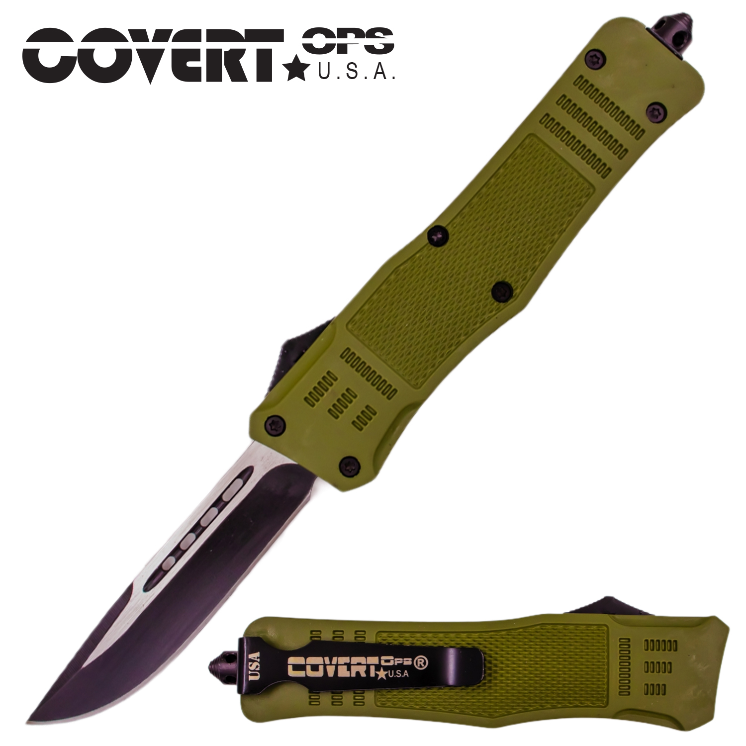 Covert OPS USA OTF Automatic Knife 9 inch Green D2 Steel Blade Drop Point