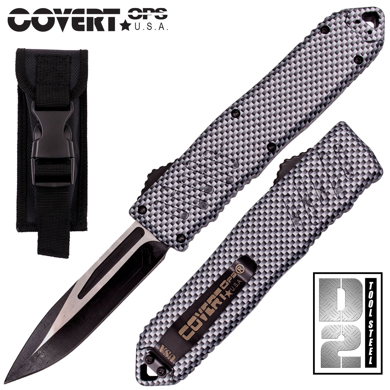 Covert OPS USA OTF Automatic Knife 9 inch Overall D2 Steel Blade DP Carbon Fiber