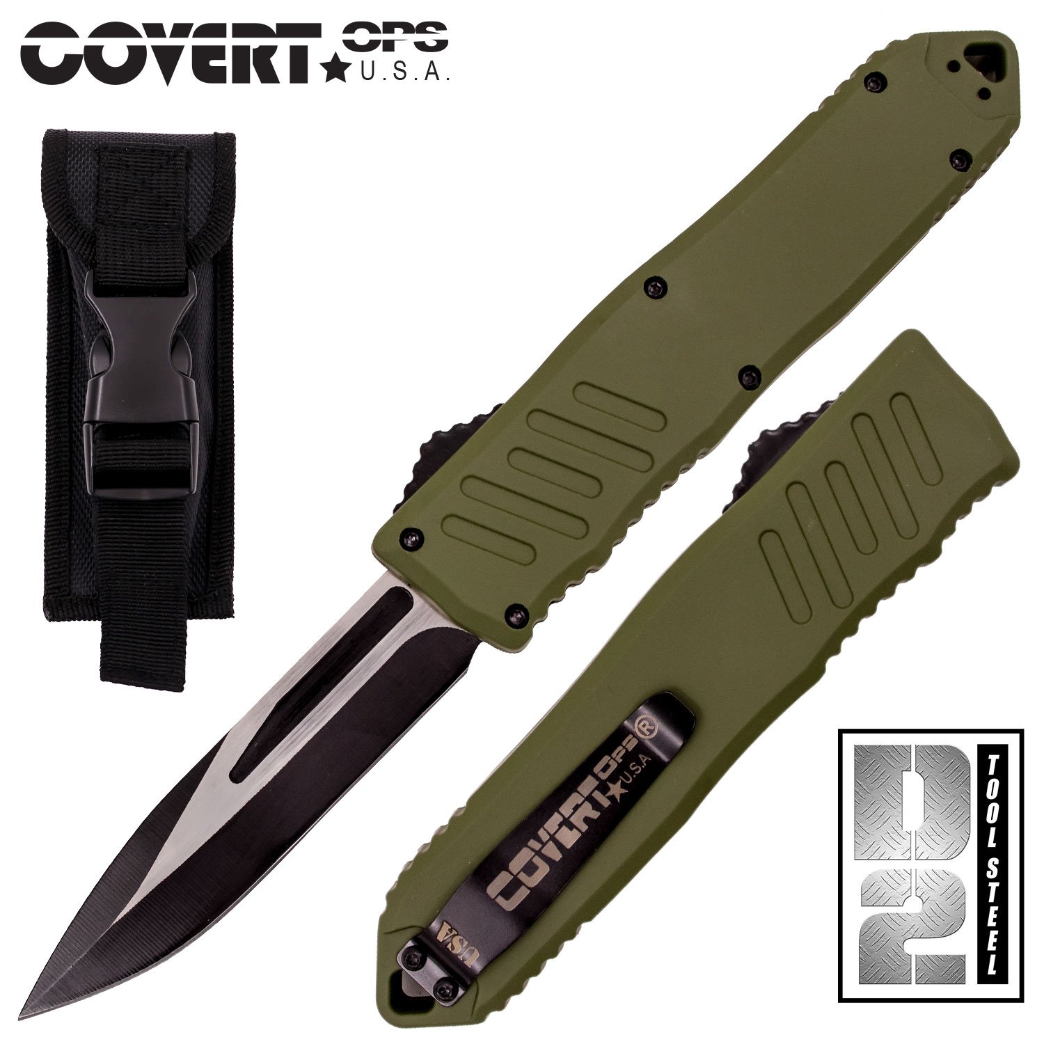 Covert OPS USA OTF Automatic Knife 9 inch Overall D2 Steel Blade DP Green