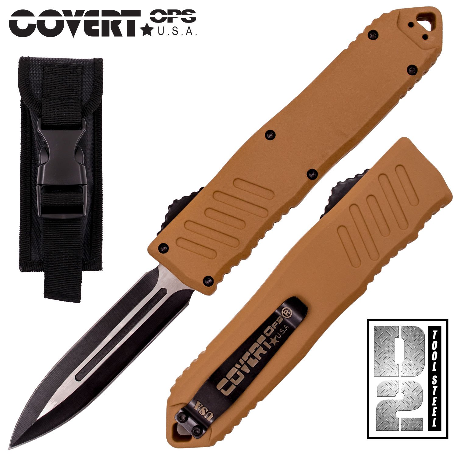 Covert OPS USA OTF Automatic Knife 9 inch Overall D2 Steel Blade Dagger Tan