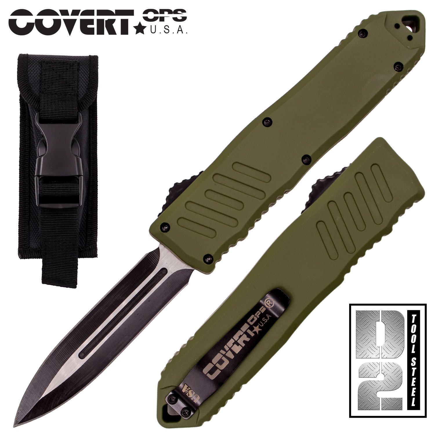 Covert OPS USA OTF Automatic Knife 9 inch Overall D2 Steel Blade Green