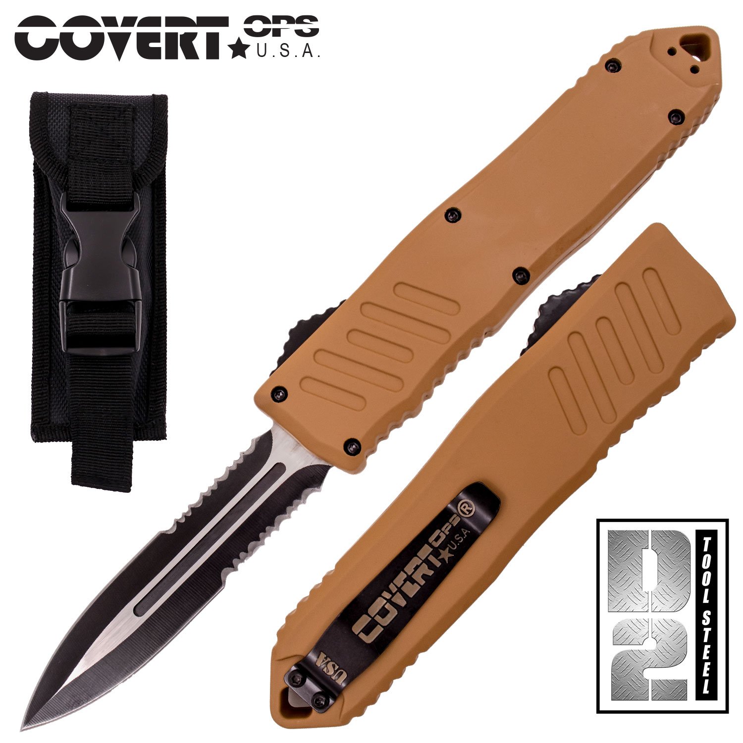 Covert OPS USA OTF Automatic Knife 9 inch Overall D2 Steel Blade Tan