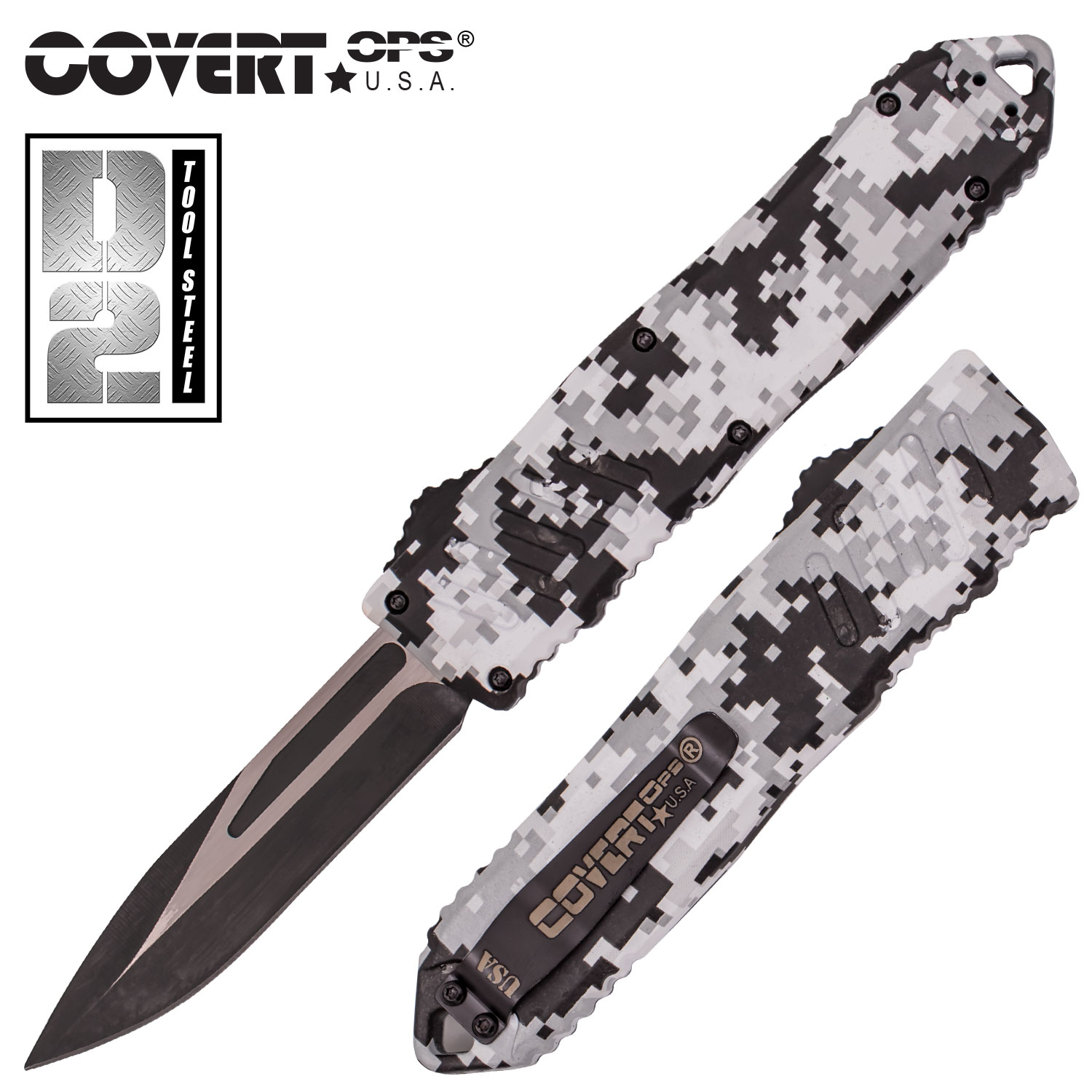 Covert OPS USA OTF Automatic Knife 9 inch WCamo D2 Steel Blade DP