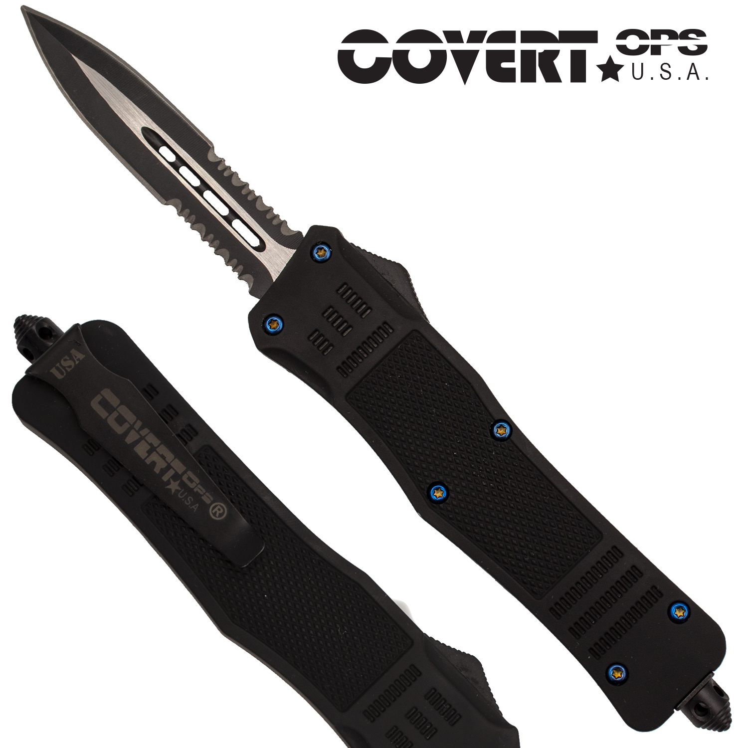Covert OPS USA OTF Automatic Knife 9 inch overall Black Handle Two Tone Double Edge D2 Steel Blade