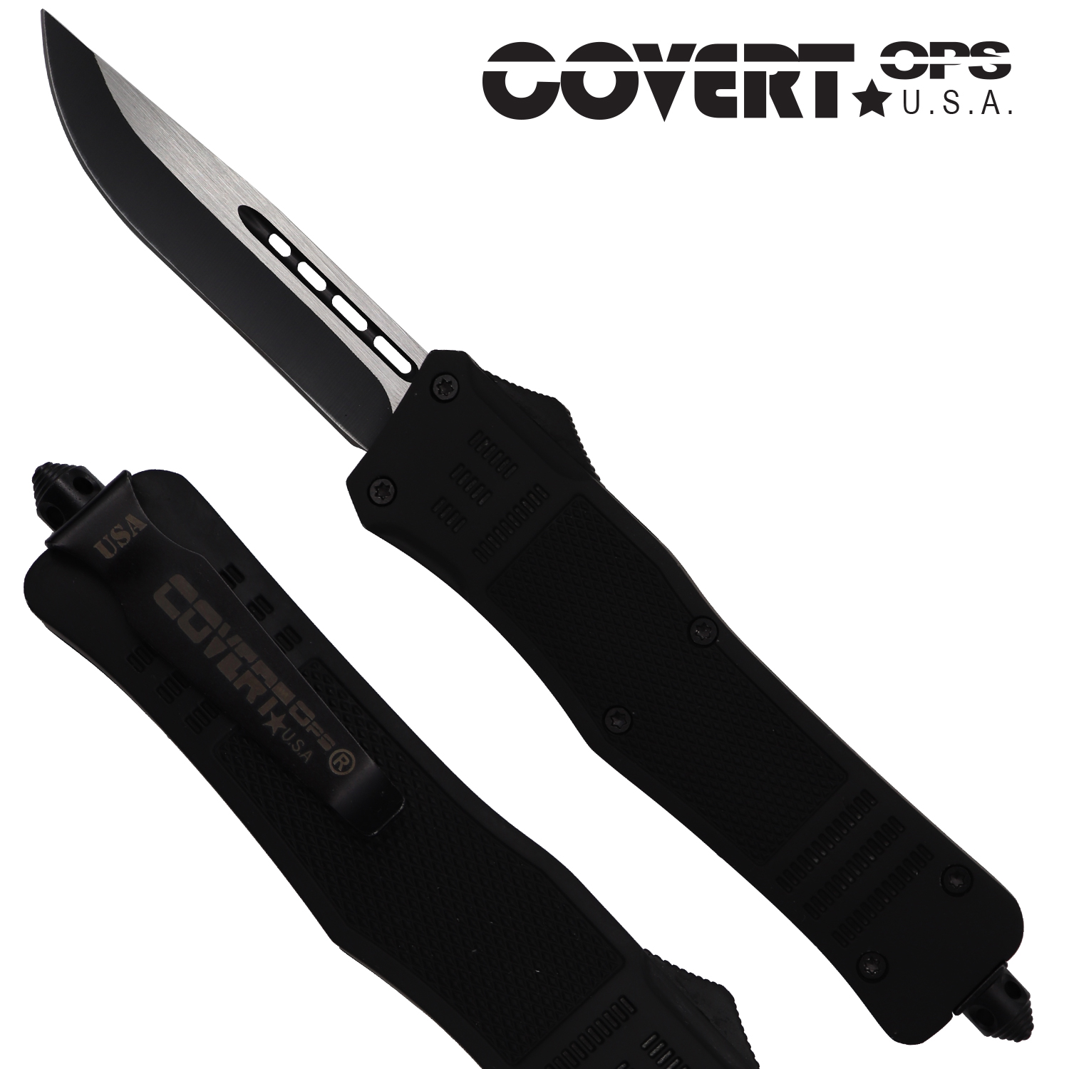 Covert OPS USA OTF Automatic Knife 9 inch overall Black Handle Two Tone Drop Point D2 Steel Blade