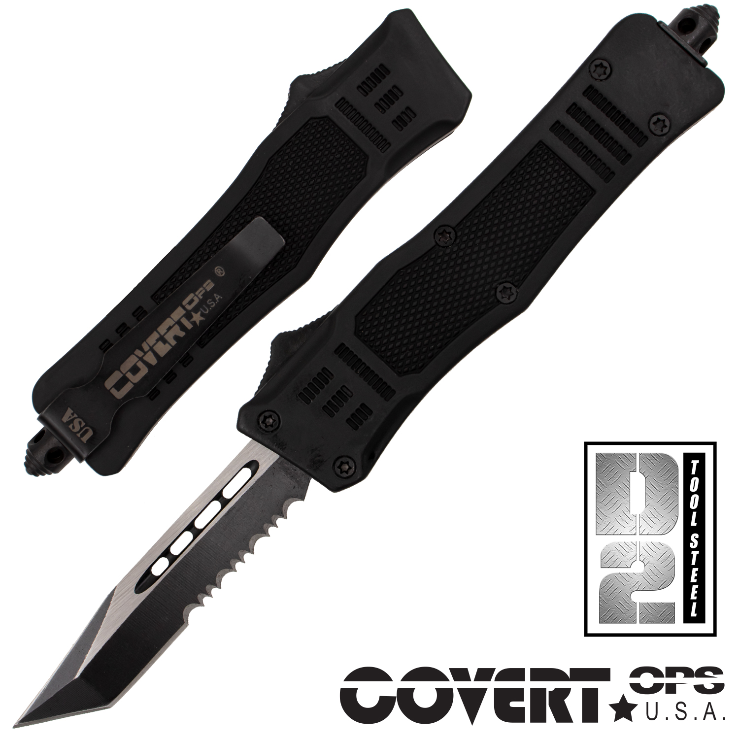 Covert Ops Automatic OTF 7 Inch Auto Tanto Blade with Case Half Serr