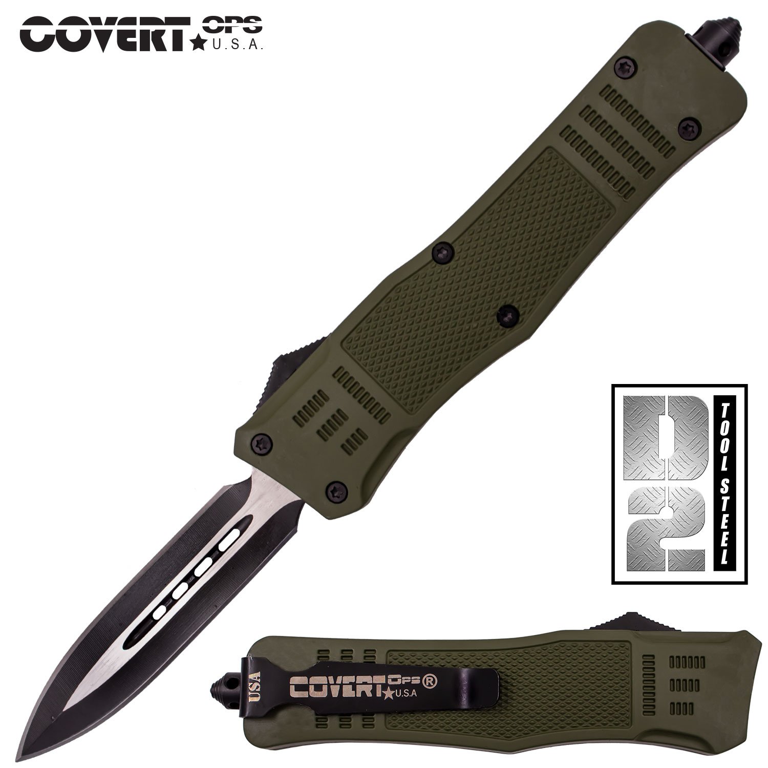 Covert Ops Automatic OTF 9 Inch Dagger Blade with Carrying Case (Green)