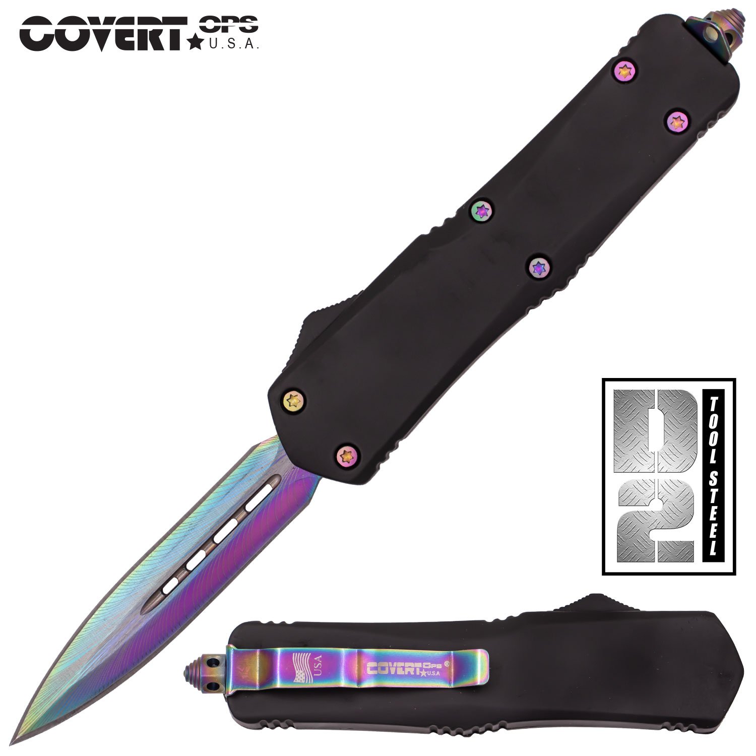 Covert Ops Automatic OTF 9 Inch Dagger Engraved Blade with Case Titanium