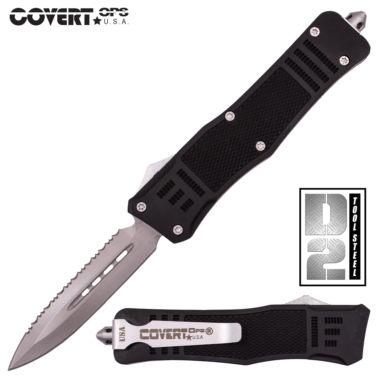 Covert Ops Automatic OTF 9 Inch Dagger Half Serration with Carrying Case