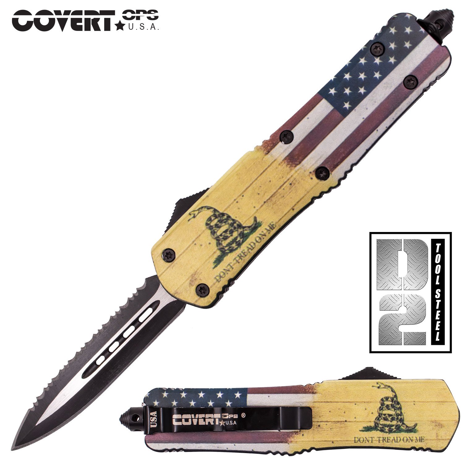 Covert Ops Automatic OTF 9 Inch Dagger Half Serration with Case DTOM