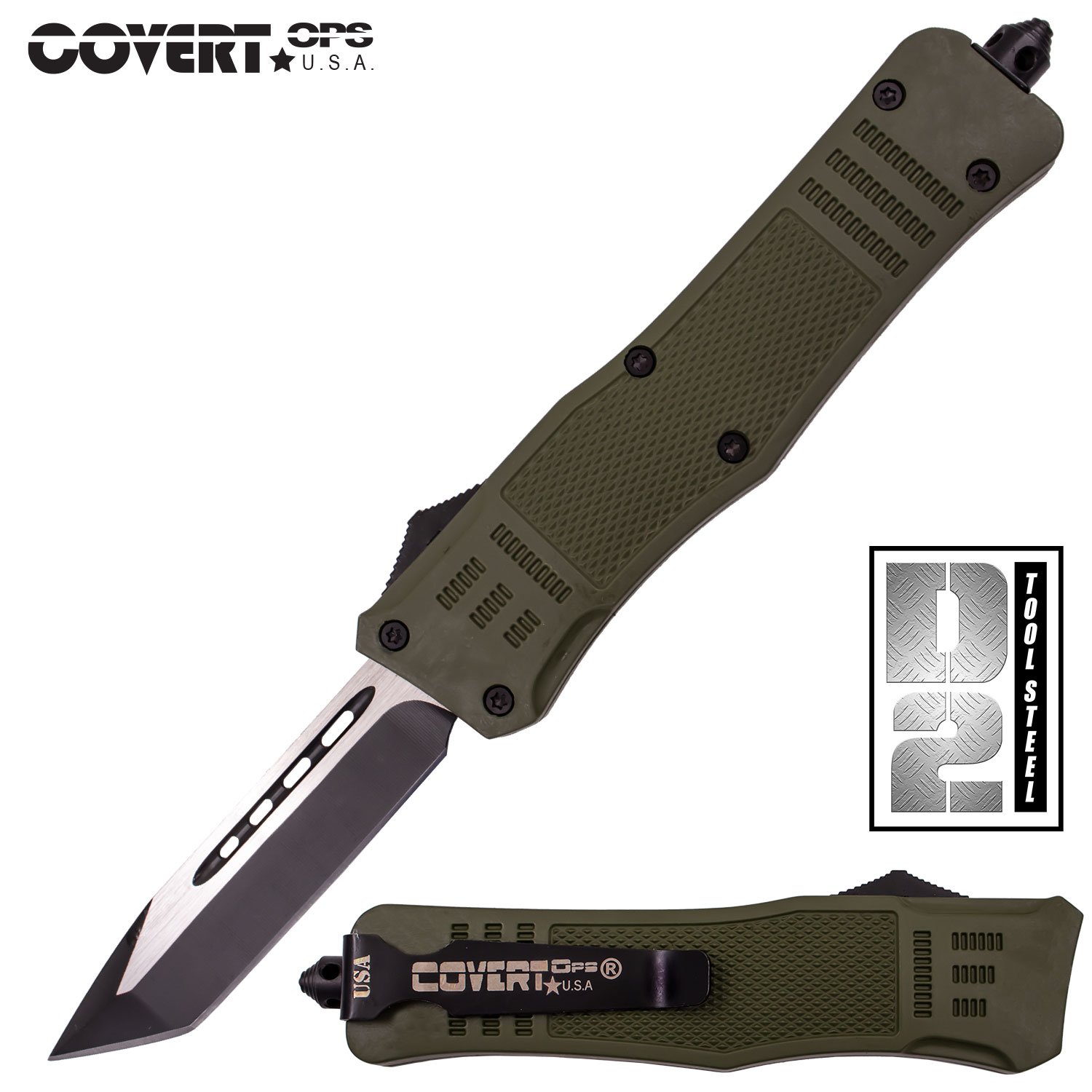 Covert Ops Automatic OTF 9 Inch Tanto with Carrying Case (Green)