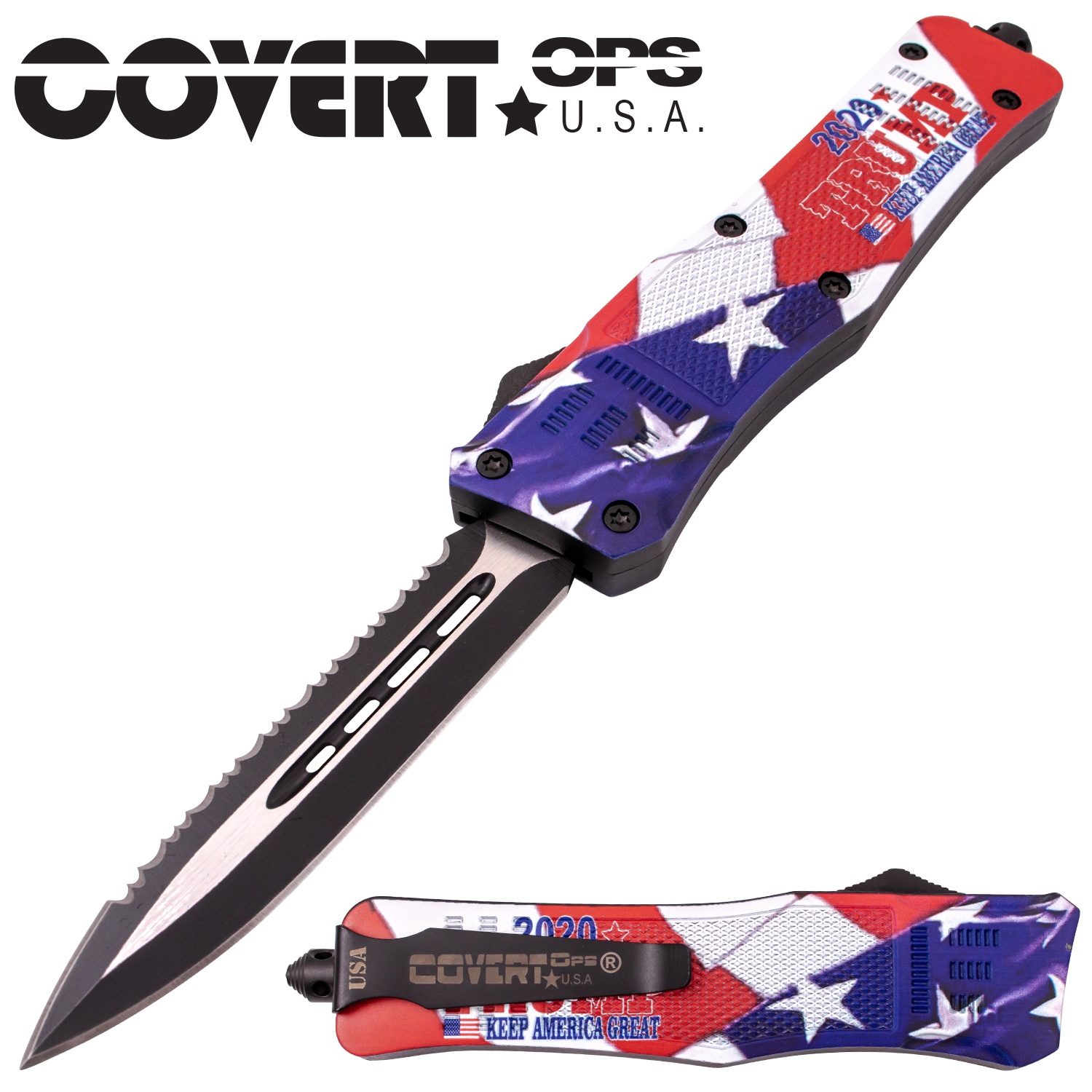 Covert Ops Automatic Trump Flag OTF 9 Inch Dagger Half Serration