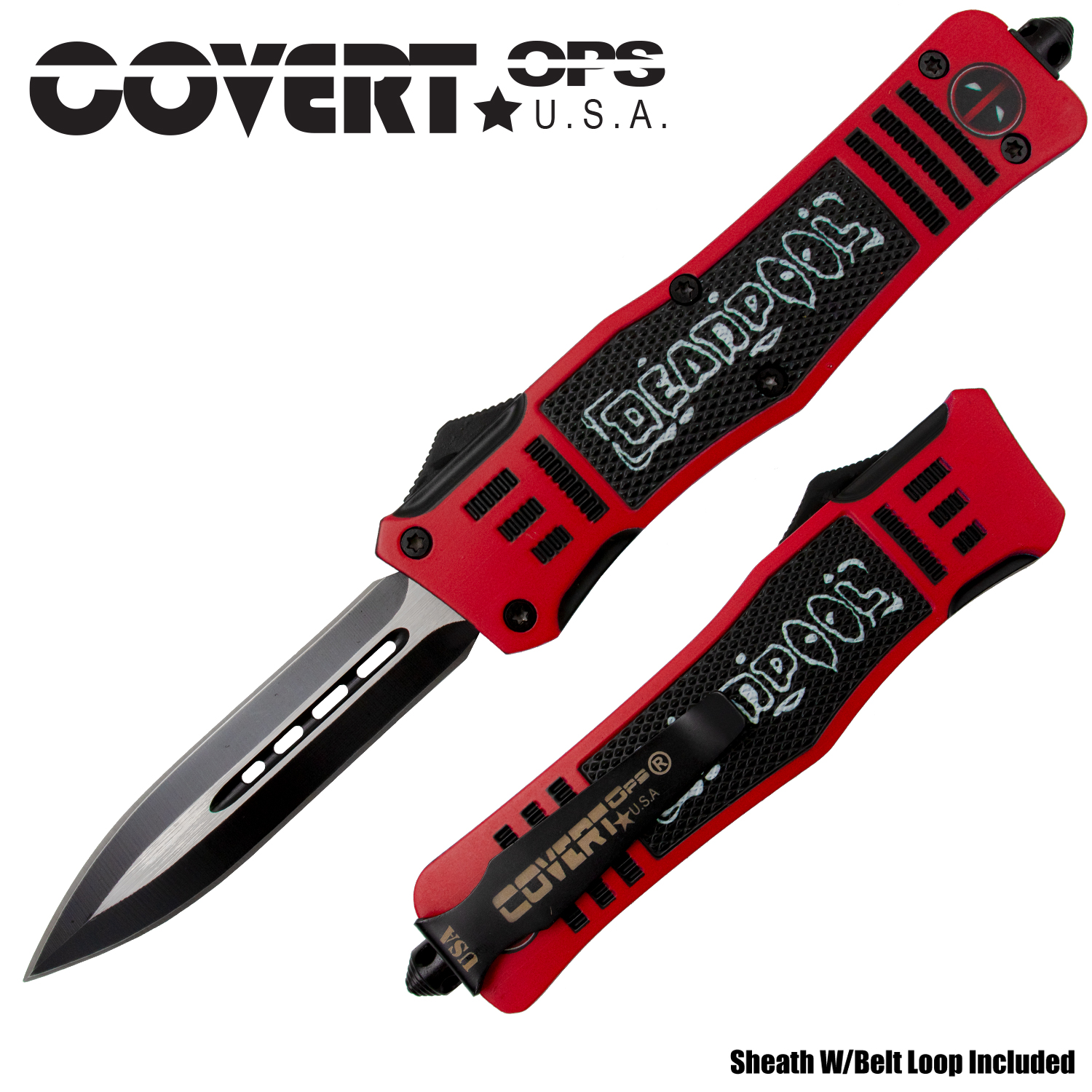 Covert Ops USA Red and Black Deadpool Double Edged Automatic Knife