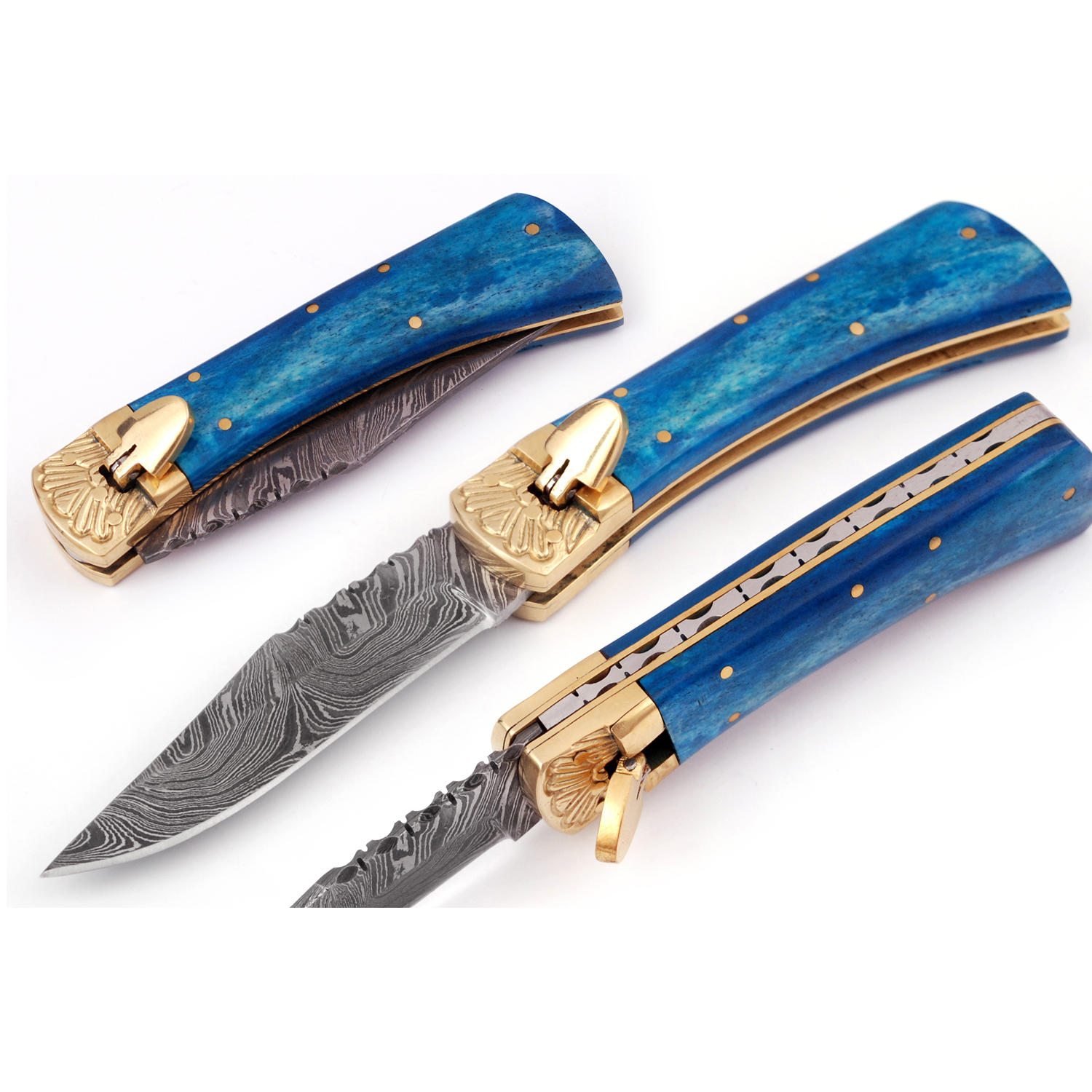 Damascus Leverletto Cerulean Blue Spring Asssited Folding Knife