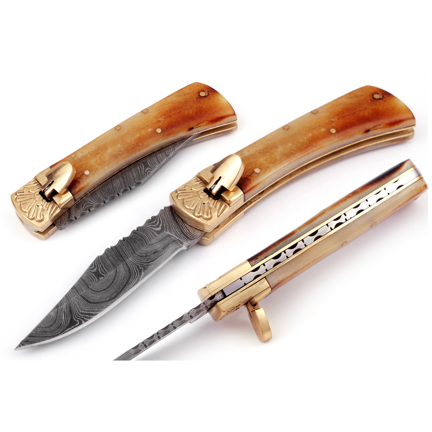 Damascus Leverletto Bone Hunter Spring Asssited Folding Knife