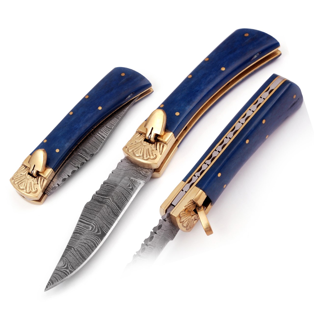 Damascus Leverletto Navy Blue Spring Assisted Folding Knife