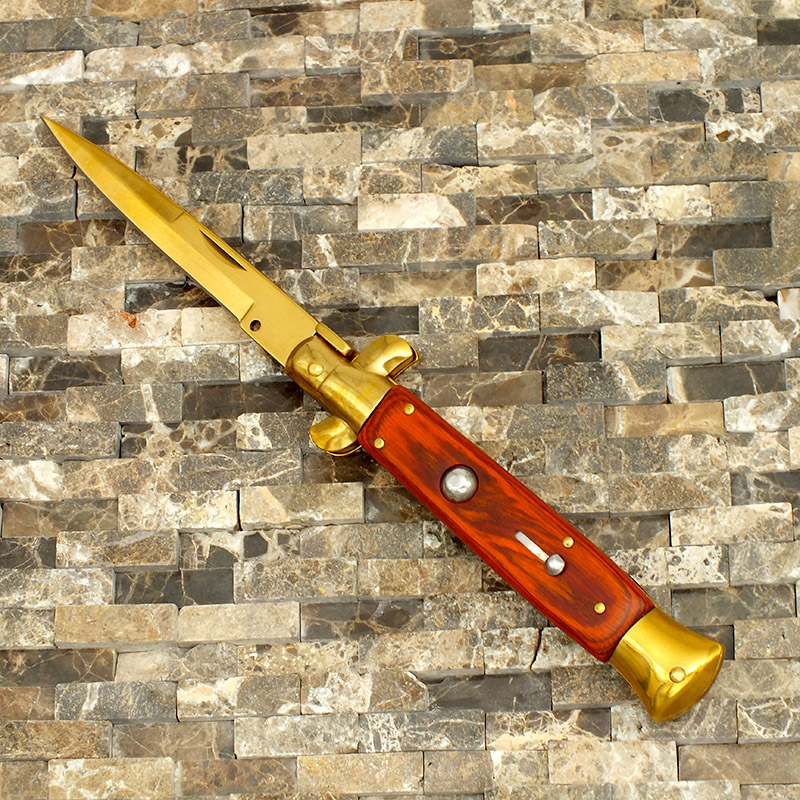 OG Godfather Italian Golden Stiletto Switchblade, Wood Handle
