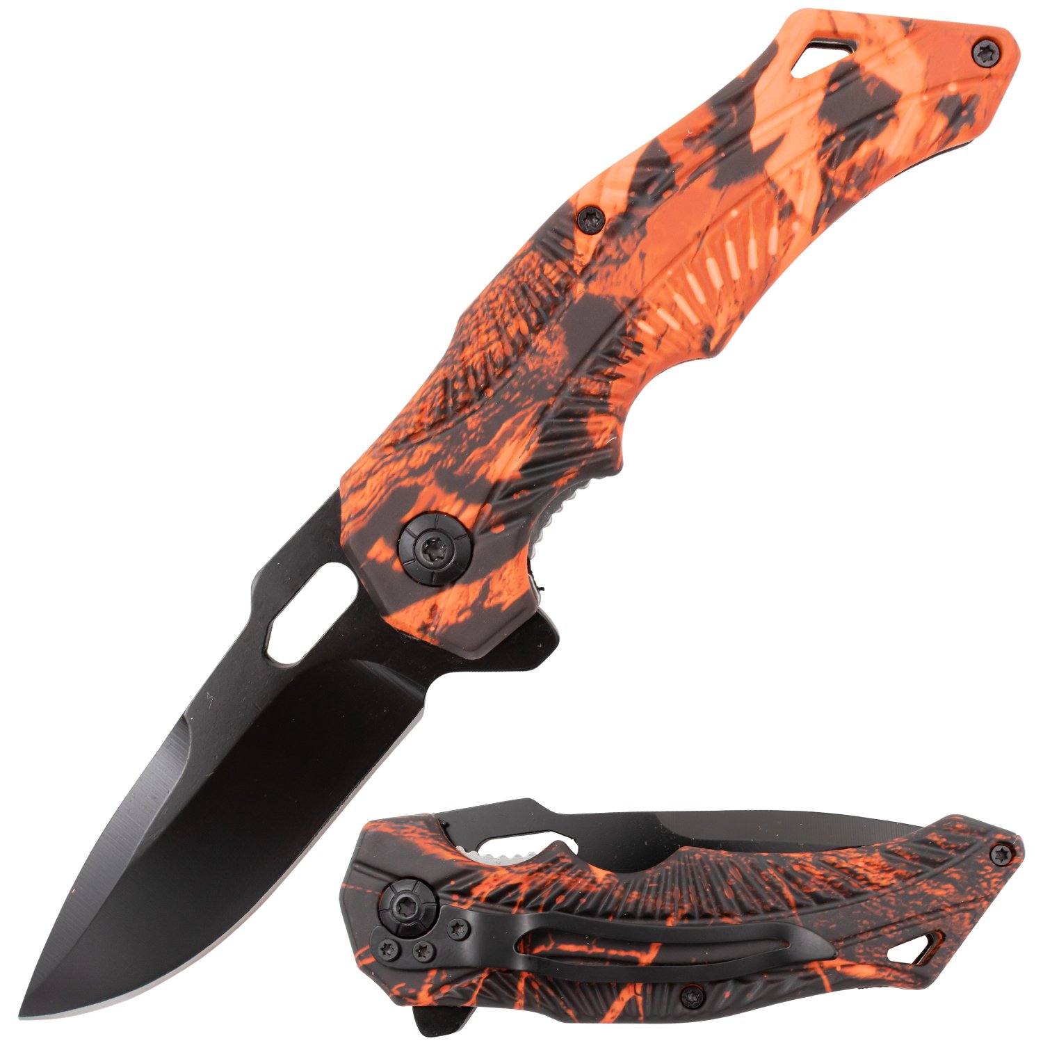 Feather Tiger USA Spring Assisted Drop Point Orange Leaf Camo