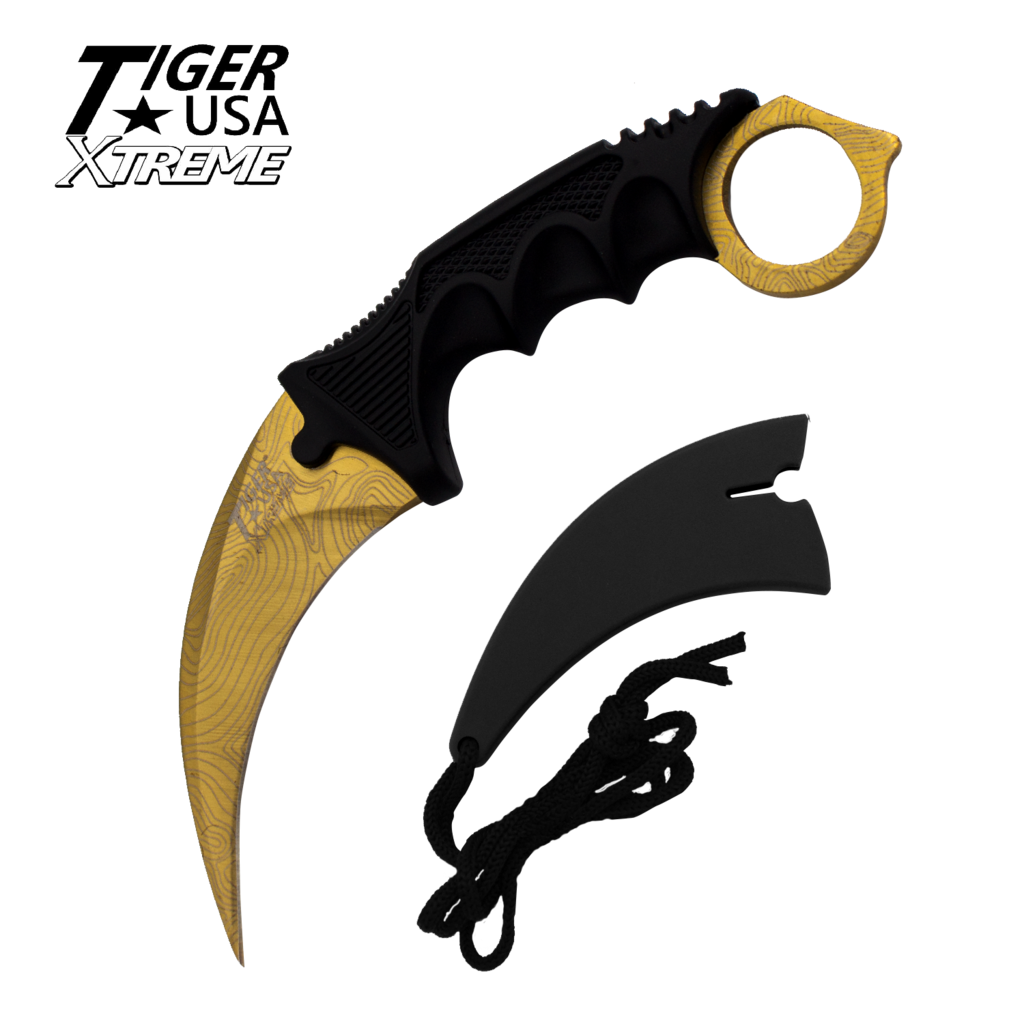 Gold Damascus Fixed Blade Karambit Neck Knife with Sheath