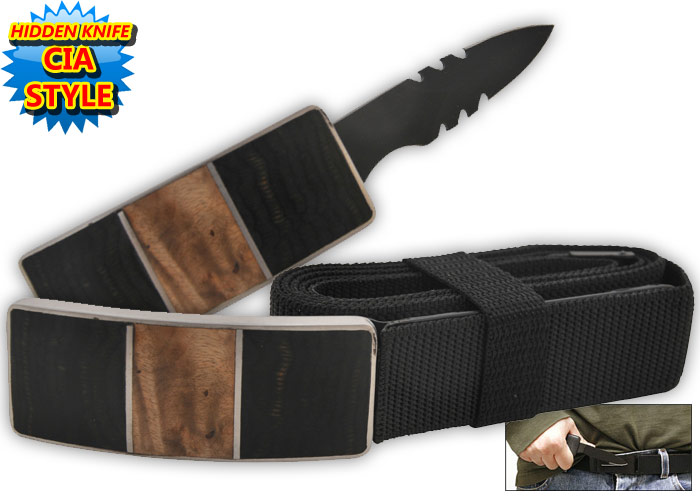 Hidden Belt Buckle Knife Brown Pearl Black, HG01-S-BY