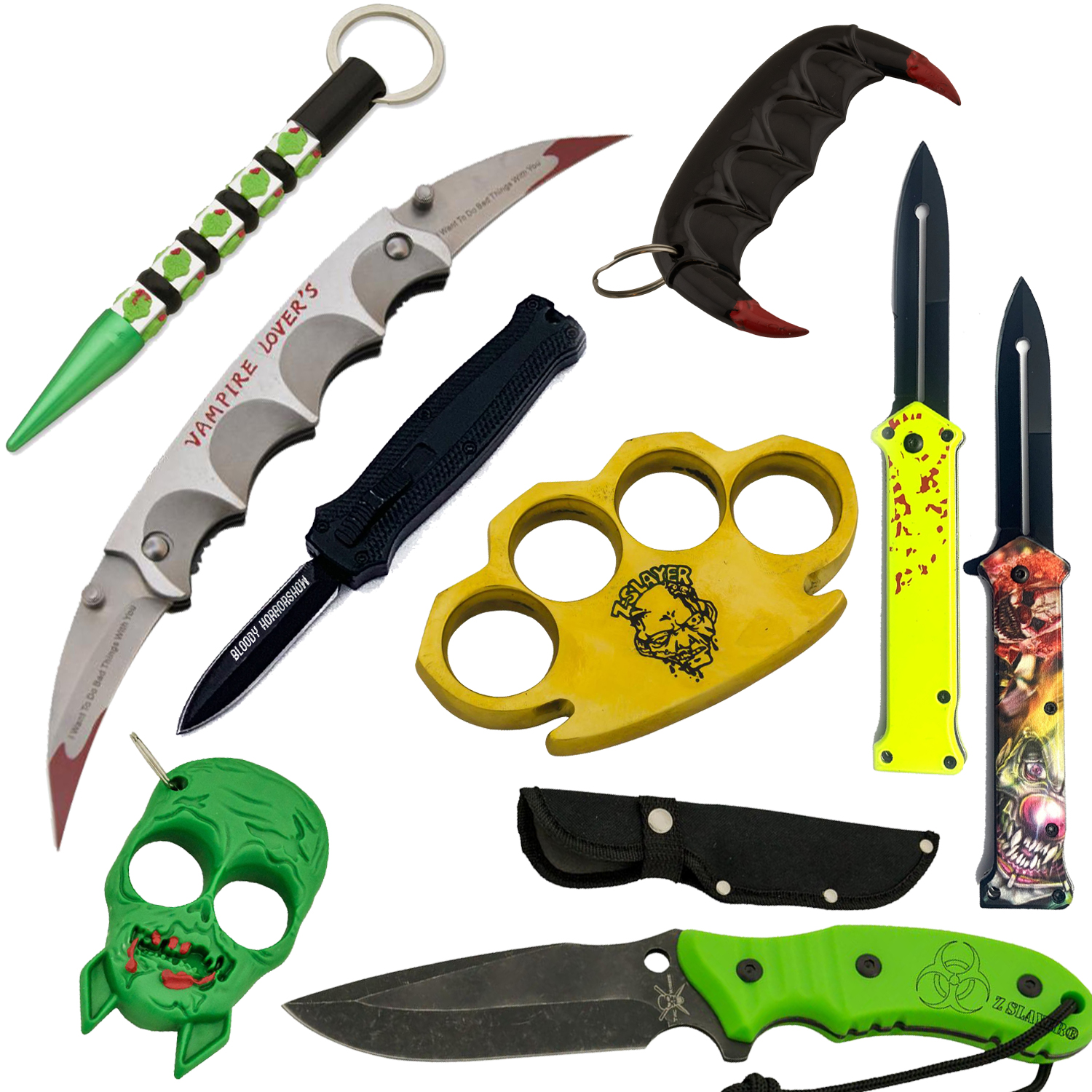 Horror Set 9 Items Including Automatic Knife and Brass Knuckles