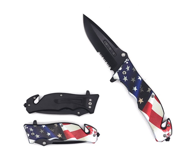 American Pride US Flag Spring Assisted Serrated Folding Knife