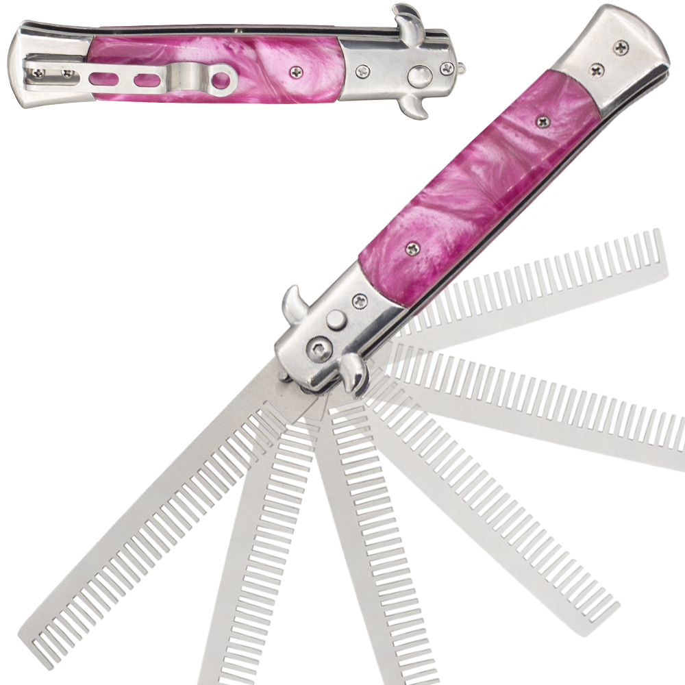 Pink Marble Pocket Knife Trigger Action Comb