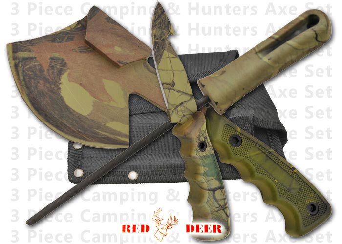 3 Pc Camping Hunther's Axe and Hunting Knife Kit-All Forest Camo PA-0044-CM3