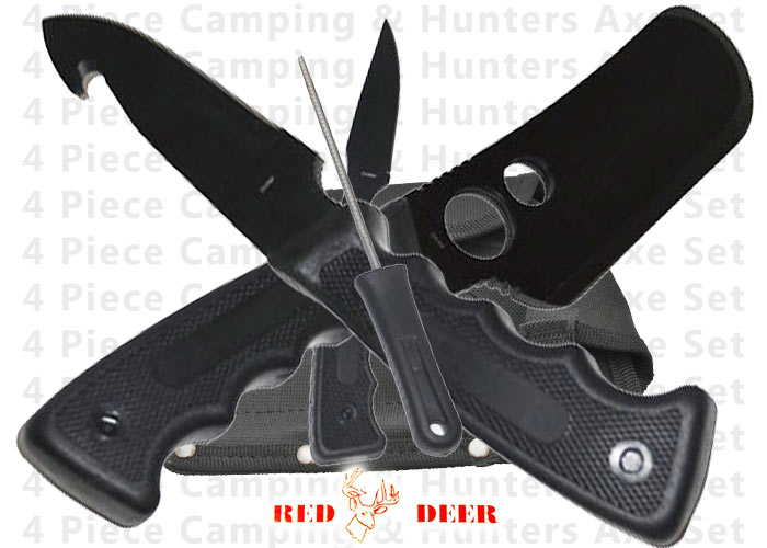 4 Pc Hunther's Butcher Axe and Hunting Knife Kit-All black PA-0044B-BK